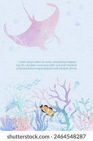 Escena de bajo el mar y el océano en estilo de acuarelas multicolor y diseño de Vector con animales marinos y textos de ejemplo sobre fondo azul claro. 