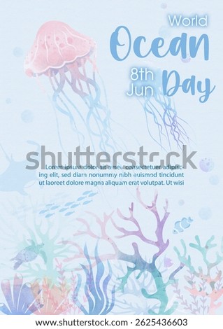 Scene of under the sea and ocean in multicolor watercolors style and vector design with sea animal and example texts on light blue background.