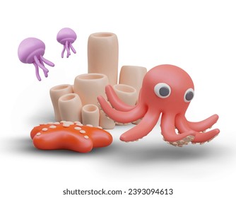 Escena de la vida submarina. El pulpo y las medusas nadan cerca de las algas esponjosas. La estrella de mar roja está en el fondo. Ilustración 3D en color en estilo de dibujos animados. Ecosistema marino