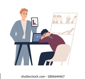 Scene of unsatisfactory work or bad result. Angry boss showing progress chart or graph with failure to unmotivated office worker lying at workplace. Flat vector cartoon illustration isolated on white