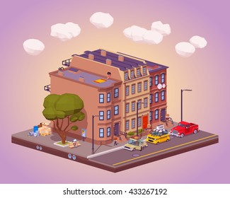 Scene of the urban street life. 3D lowpoly isometric vector concept illustration