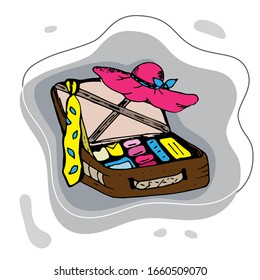 Scene vacation suitcase on abstract background. Open suitcase with clothes for vacation. Suitcase for travel, trip on vacation. Colored hand drawn stock vector illustration. Outline simple sketch. 