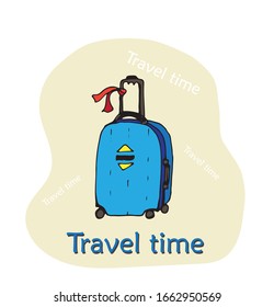 Scene vacation suitcase on abstract background. Blue suitvase. Suitcase for travel, trip on vacation. Colored hand drawn stock vector illustration. Outline simple sketch. 