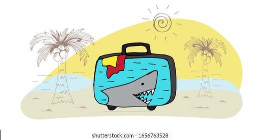 Urlaubssaal auf dem Hintergrund von Palmen, Meer, Strand und Sonne. Koffer mit dem Bild eines Hais, aus dem Dinge sich ausbreiten. Koffer für Reisen, Urlaub. Handgezeichnete Vektorillustration.