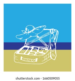 Urlaubssaal auf Meereshintergrund, sonniger Strand.  Koffer für Reisen, Urlaub. Vektorillustration mit weißer Linie, handgezeichnet. Einfache Skizze in der weißen Linie. Weiße Silhouette.