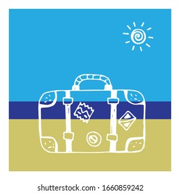 Scene vacation suitcase on background of sea, sunny beach.  Suitcase for travel, trip on vacation. White line hand drawn stock vector illustration. White line simple sketch. White line silhouette.