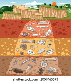 Scene with various animals bones and dinosaurs fossils in soil layers  illustration