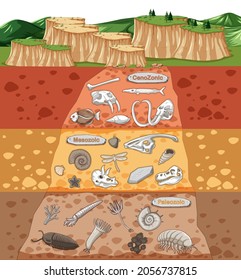 Scene with various animals bones and dinosaurs fossils in soil layers  illustration