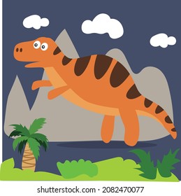 Scene vector illustration with cartoon style dinosaur characters
for a children's room, packaging paper, fabric, postcard, 
clothing, Cute background, Clipart set of cute colored dinosaurs.
