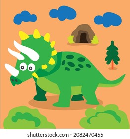 Scene vector illustration with cartoon style dinosaur characters
for a children's room, packaging paper, fabric, postcard, 
clothing, Cute background, Clipart set of cute colored dinosaurs.