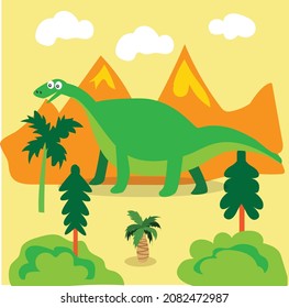 Scene vector illustration with cartoon style dinosaur characters
for a children's room, packaging paper, fabric, postcard, 
clothing, Cute background, Clipart set of cute colored dinosaurs.