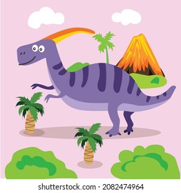 Scene vector illustration with cartoon style dinosaur characters
for a children's room, packaging paper, fabric, postcard, 
clothing, Cute background, Clipart set of cute colored dinosaurs.