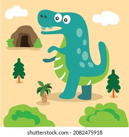 Scene vector illustration with cartoon style dinosaur characters
for a children's room, packaging paper, fabric, postcard, 
clothing, Cute background, Clipart set of cute colored dinosaurs.