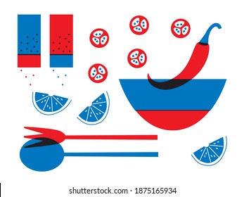 Scene vegetables and dishes abstract vector illustration. Red pepper, lemon cooking ingredients flat illustration. 