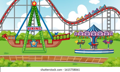 Scene with viking ship and roller coaster in the fair illustration