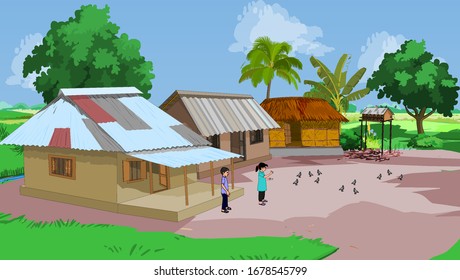 Scene of a village house A boy and a girl are feeding poultry - illustration