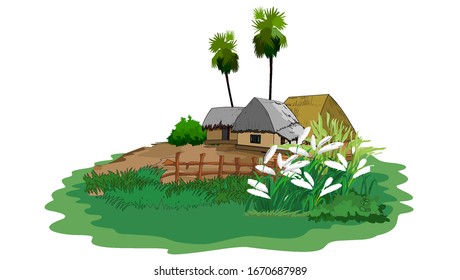Scene of a village with hut - illustration