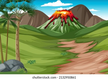 Scene with volcano eruption in forest illustration