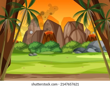 Scene with volcano in forest illustration