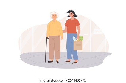 Scene Of Volunteer With Senior Person Helping To Buy Groceries. Female Caretaker And Elderly Woman Doing Shopping Together. Social Worker Helping Grandma. Nursing Retirement Home Services. Vector.