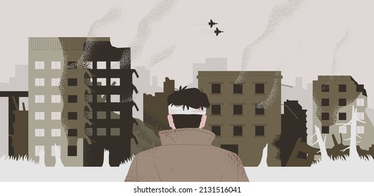 Scene of war: injured young man POV with head bandage looking at city area in military conflict, damaged building skyline. European street concept. Modern flat cartoon illustration.