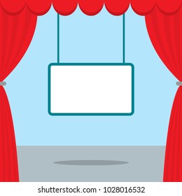 A scene for watching movies. Red curtain. Board for ads