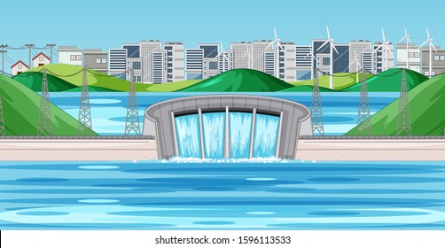 Scene with water dam in the city illustration