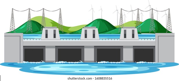 Scene with water dam and turbines on the hills illustration