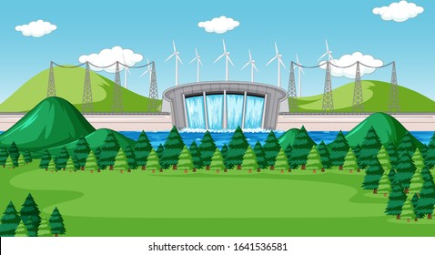 Scene with water dam with turbines on the hills illustration