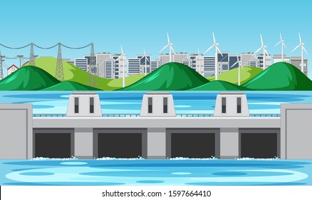 Scene with water dam and wind turbines on the hills illustration