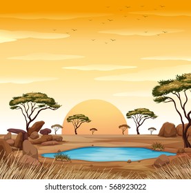 Scene With Water Hole In The Field Illustration