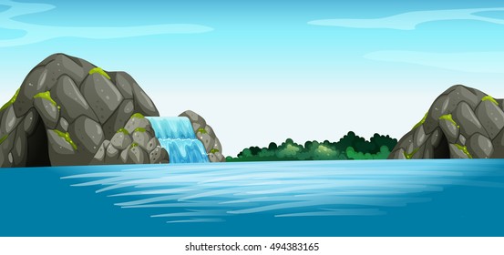 Scene with waterfall and cave illustration