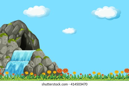 Escena con cascada e ilustración de campo