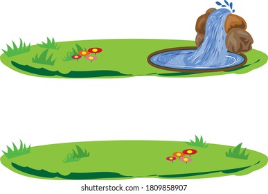 Scene of a waterfall pours in a small lake or pond at a green field with little flowers.