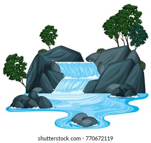 Scene with waterfall and river running down illustration