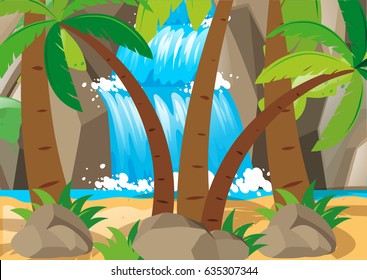 Scene with waterfall and tree illustration