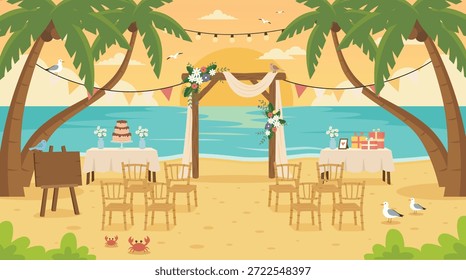 scene of wedding preparations on the beach. flat illustration design