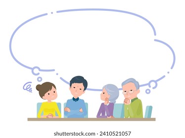 A scene where a couple and their parents are worried.Vector art that is easy to edit.