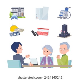 A scene where an elderly couple discuss inheritance.Vector art that is easy to edit.