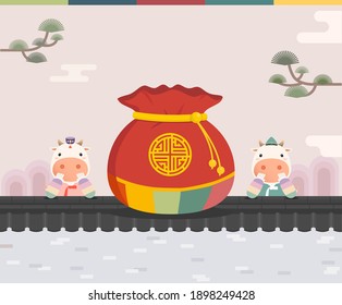 A scene where lucky bags and cows greet each other on a tile illustration set. korean, market, event, sky, tree, cloud.  Vector drawing. Hand drawn style.