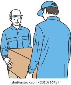 A scene where multiple male workers carry cardboard boxes

