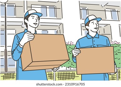 
A scene where multiple male workers carry cardboard boxes