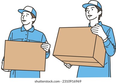 A scene where multiple male workers carry cardboard boxes