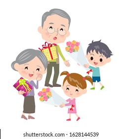 A scene where an old man is receiving presents from children.It's vector art so it's easy to edit.
