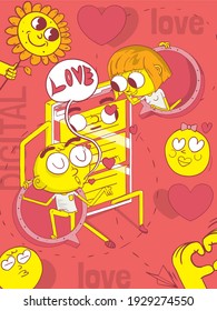 Scene where two characters in love talk about how much they love each other while a cell phone holds them so they can talk. Around there are emojis and elements related to love.