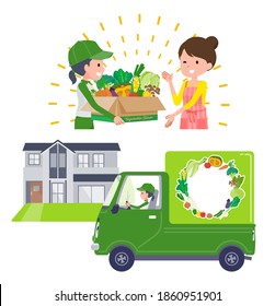 It is a scene where vegetables are delivered to customers.Vector art that is easy to edit.
