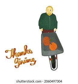 A scene where a winking uncle carries a pumpkin 