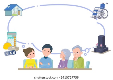 A scene in which a couple and their parents are worried about old age and inheritance.Vector art that is easy to edit.