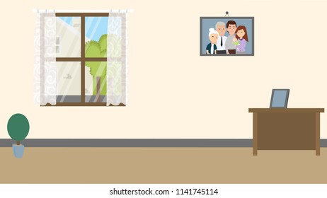The scene which shows the background of a living room containing the vase of tree on the left, the window next to the vase and the family photo with the table in the right side.