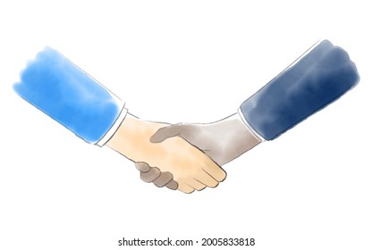 A scene of a white man and a colored man shaking hands, watercolor style.